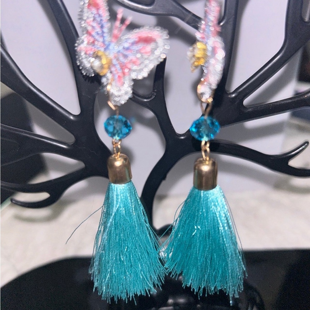 Blue and Purple Statement Earrings with Tassels